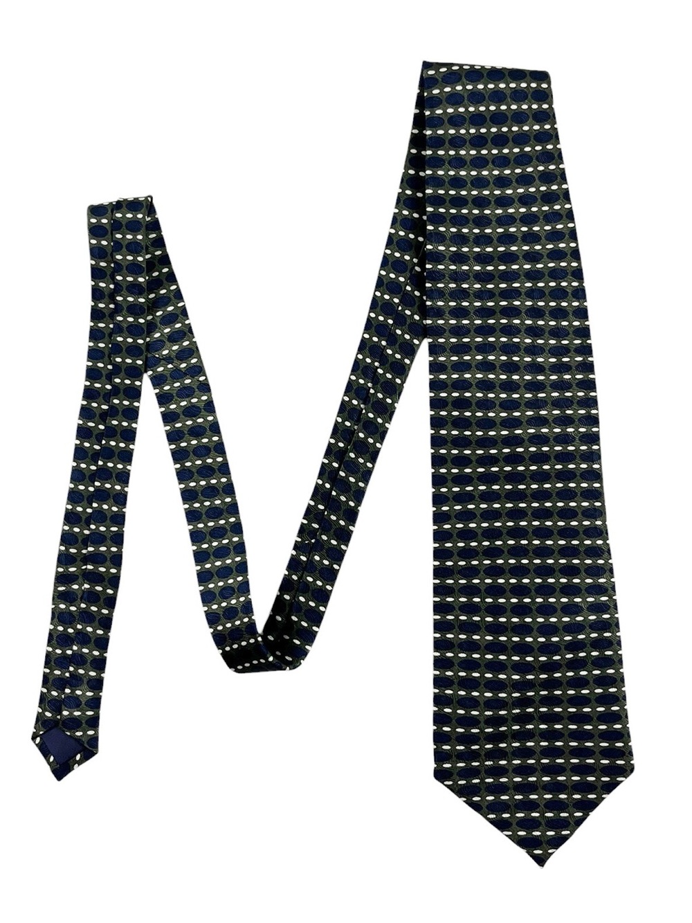 Tied & True Men’s Necktie 100% Silk Green Navy Blue White Dot Pattern Korea Made